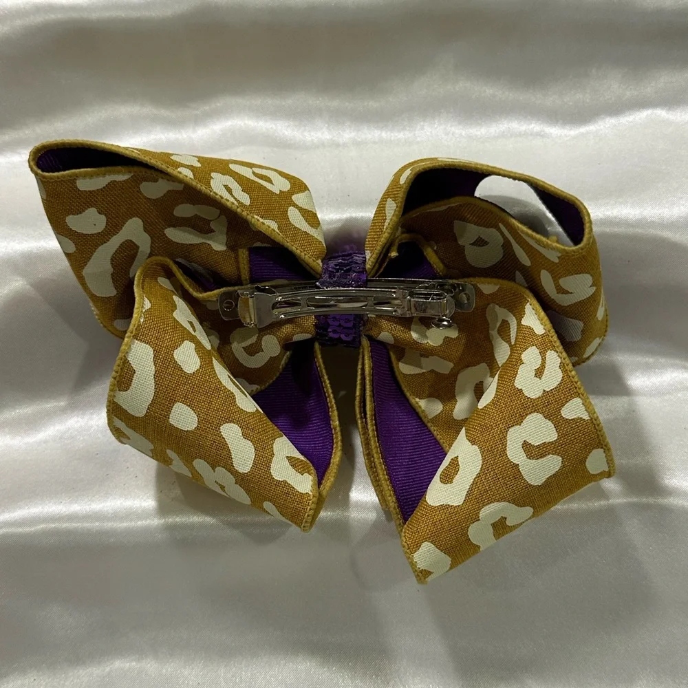 Gold Leopard Print Hair Bow w/ Purple Center-bundle 2 or more & save on shipping